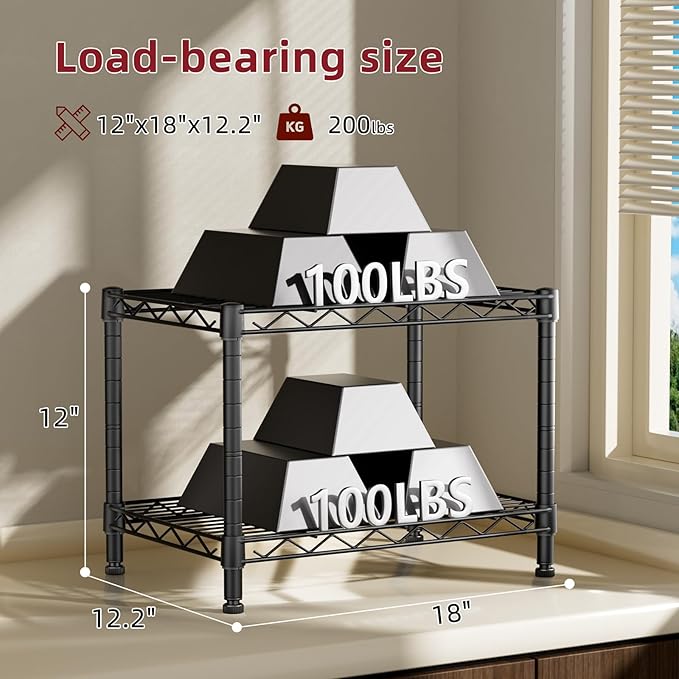 SINGAYE Small Wire 2 Shelves Pantry Metal Shelf Floor Organizer Under Desk | Armoire Adjustable Floor Kitchen Narrow Organizer Rack Shelving Short Square Stackable Standing Storage Tier Under Unit