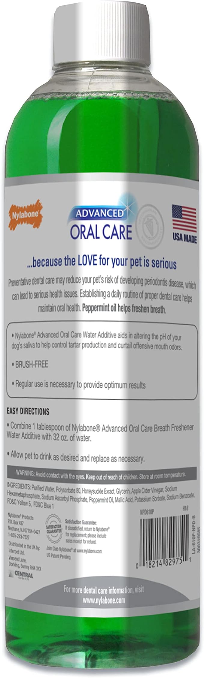 Nylabone Advanced Oral Care Pet Dental Water Additive, Liquid Tartar Remover & Breath Freshener for Dogs, Dog Teeth-Cleaning, Peppermint Flavor, 16 oz.