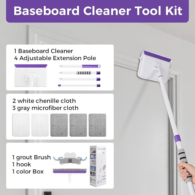 Baseboard Cleaner Tool with 60" Extendable Handle, 5 Reusable Pads | Microfiber & Chenille Pads, Dust-Locking Design, Safe On Walls And Moldings, Reaches Corners And Under Furniture
