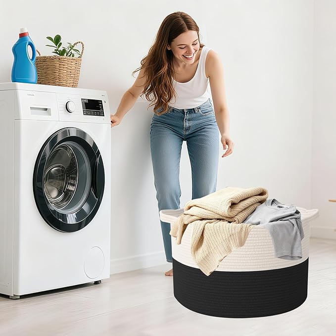 65L Large Blanket Basket,Cotton Rope Woven Storage Basket with Handles, Laundry Hamper for Toys, Clothes, Pillows & Towels, Perfect for Living Room, Nursery & Bedroom,White&Black
