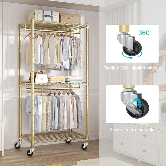 FUTASSI P1 Medium Heavy-Duty Portable Closet, 30" W x 14" D x 76" H, Gold | Metal Rolling Clothing Rack, Closet System with Wheels and Shelves for Hanging Clothes, Portable Wardrobe Organizer Storage