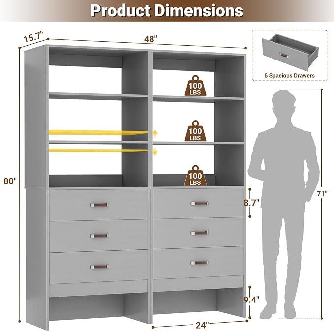 Armocity 4FT Closet System with Leather Handles, 48" Walk-in Closets Storage Unit with Cabinet, Wood Wardrobe Closet Organizer and Storage with 6 Drawers, Set of 2, Grey
