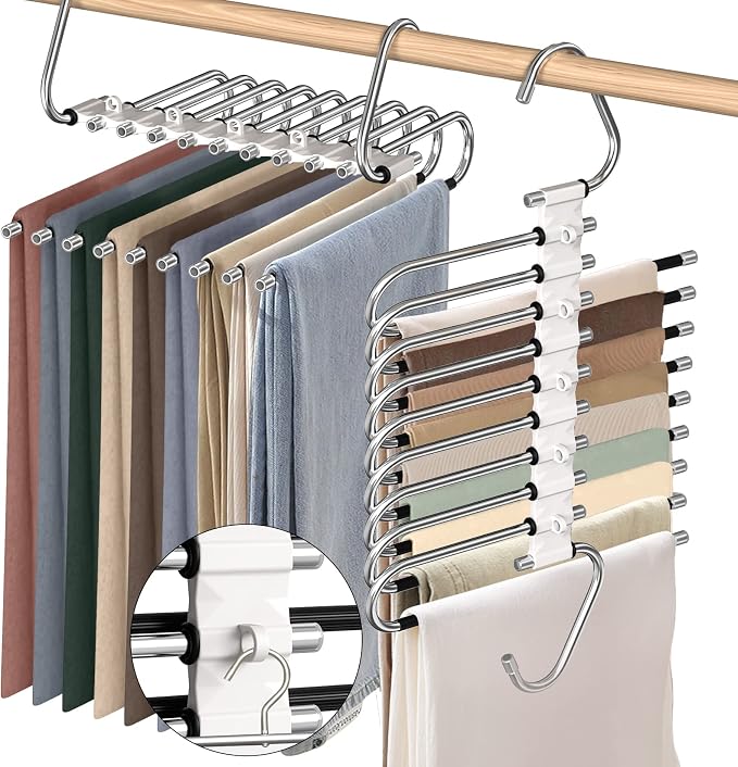 9 Layers Pants Hangers Space Saving Closet Organizer 2 Pack, Metal Space Saving Hangers Non-Slip Multi-Layer Multifunctional Rack Closet Organizers and Storage for Pants Skirts Jeans Trousers(White)