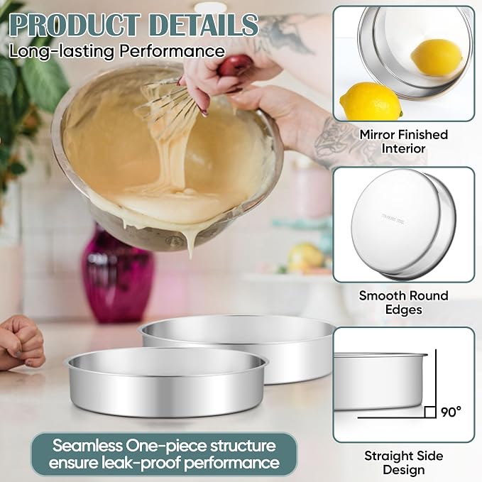 TeamFar 9 Inch Cake Pan, Stainless Steel Round Layer Cake Baking Pan Tin for Birthday Wedding, Non-Toxic & Heavy-Duty, Mirror Finish & Leak Proof, Oven & Dishwasher Safe