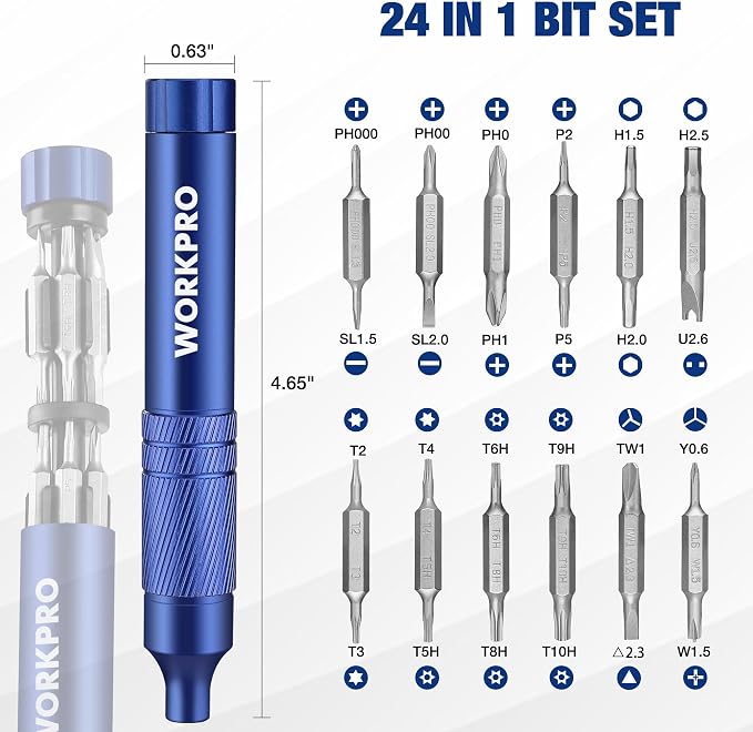 WORKPRO 24 in 1 Multi Bit Mini Screwdriver Set Magnetic, Blue | Manual Pen Screwdrivers, Tough S2 Steel Small Screwdriver Bits for Eyeglass, Watch, Laptop, Phone, Jewelry and Electronic