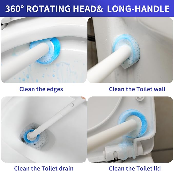 Disposable Toilet Brush, Wall-Mounted Toilet Wand Kit, 24 Refills | Toilet Bowl Cleaner Wand Touch Free, Extended Long Handle, Pre-Soaked Concentrated Cleaner Sponge, Bathroom Cleaning System