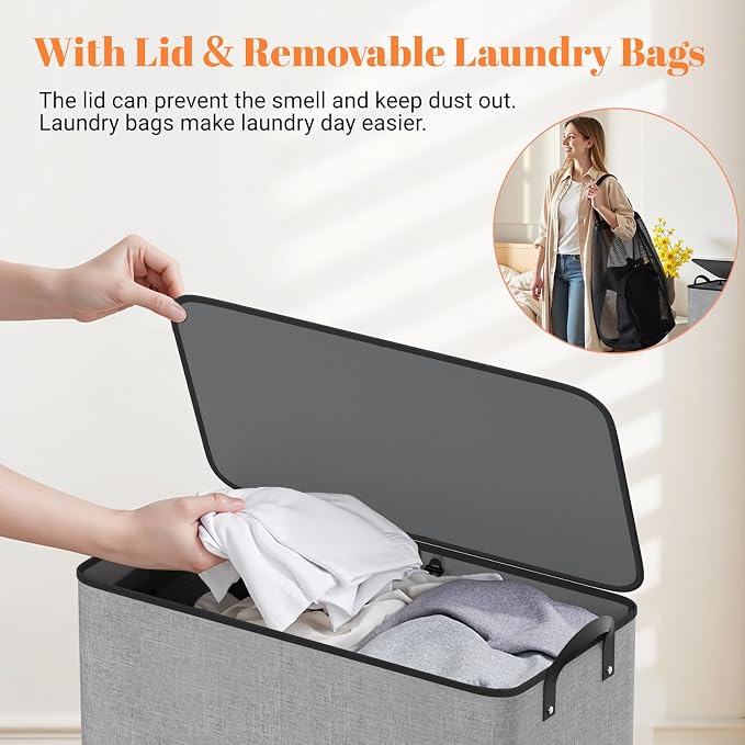 155L 2 Section Laundry Hamper with Lid, Laundry Basket, Gray | Large Laundry Hampers with Reinforced Handles & Removable Bags, Tall Dirty Clothes Hamper for Laundry Room, Bedroom, Bathroom