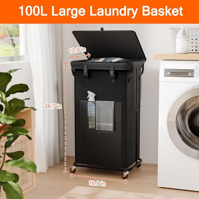 100L Laundry Hamper with Lid & Wheels, Rolling Laundry Basket with Bag | Sturdy Metal Frame | Laundry Bag with Handles| Large Clothes Hampers for Laundry Room, Bedroom, Dorm, Bathroom-Black
