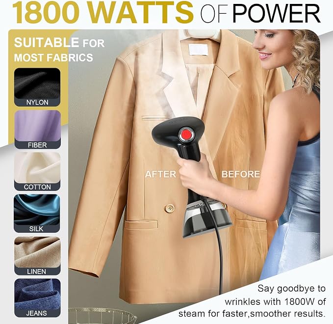 Steamer for Clothes, 1800W Fast Heat-up Clothes Steamer Handheld Garment Steamer with 3 Steam Settings, 380ml Water Tank, 9.8' Cord, Portable Travel Steam Iron for Removes Wrinkle Safe on All Fabrics
