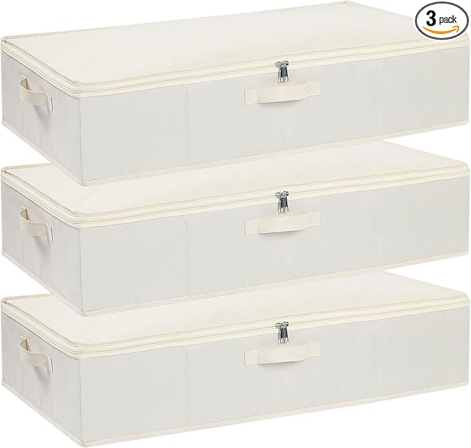 Underbed Storage Organizers,Beige,3 Pack,23.6x11.8x5.9 Inch | Under Bed Storage Container with Lids,Fabric Boxes,Drawer Organizer Bags,Foldable Baskets for Bedroom