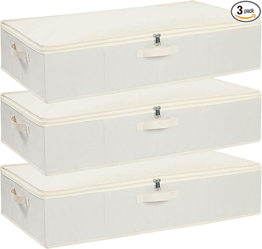 Underbed Storage Organizers,Beige,3 Pack,23.6x11.8x5.9 Inch | Under Bed Storage Container with Lids,Fabric Boxes,Drawer Organizer Bags,Foldable Baskets for Bedroom