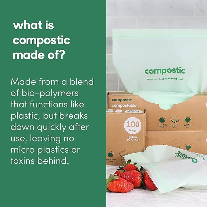 Compostic Compostable Gallon Bags (60 Count) Starter Pack — Resealable Zip-Seal, Plant-Based, Home Compostable, Freezer Safe, BPA-Free, Non-Toxic, GMO-Free Food Storage Bags