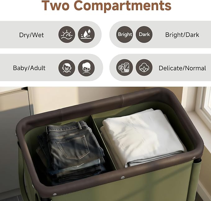 StorageWorks 2 Section Laundry Hamper, 100L Green Sorter Cart with Wheels