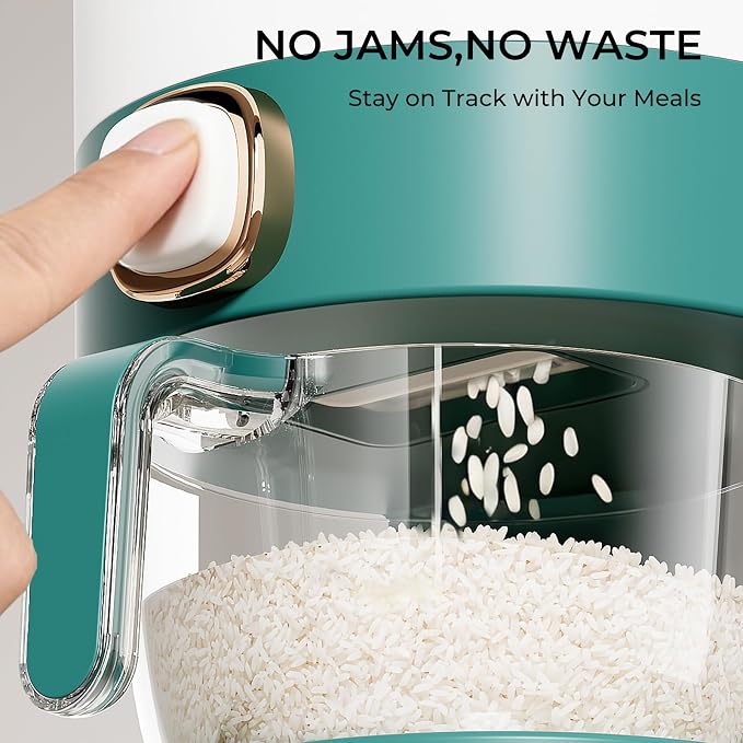 UFORU Rice Dispenser, Rice Storage Container with Measuring Cup for Kitchen Pantry Household, Cereal Dry Food Storage Containers Airtight, Sealed Moisture Proof (Green 23-25 Lbs)