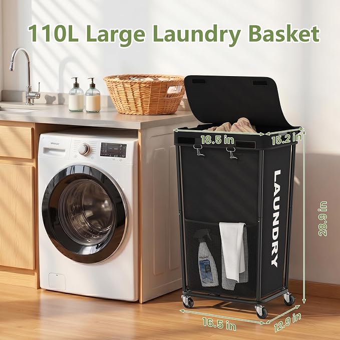 Laundry Hamper with Wheels and Lid, 110L Large Rolling Laundry Basket White | Heavy Duty Clothes Organizer, Sturdy Metal Frame, Lockable Swivel Casters, Removable Bag, For Bedroom, Bathroom, Laundry Room