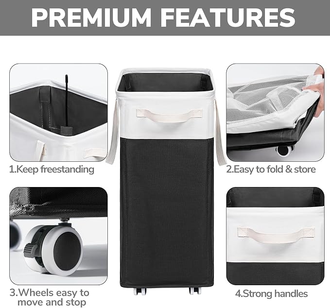 Goodpick 75L Rolling Laundry Basket with Wash Bag, Laundry Hamper for Dorm | Laundry Hamper with Wheels & Handles for Dirty Clothes, Clothes Hamper, Dorm Room Essentials, Black & White