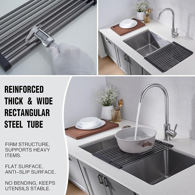 Foldable Over Sink Dish Drying Rack, 304 Stainless Steel Kitchen Drain Rack for Tableware, Detachable Silicone Edge, Rectangular Tubing, Black,3 Fold 19.7" x 11.42"