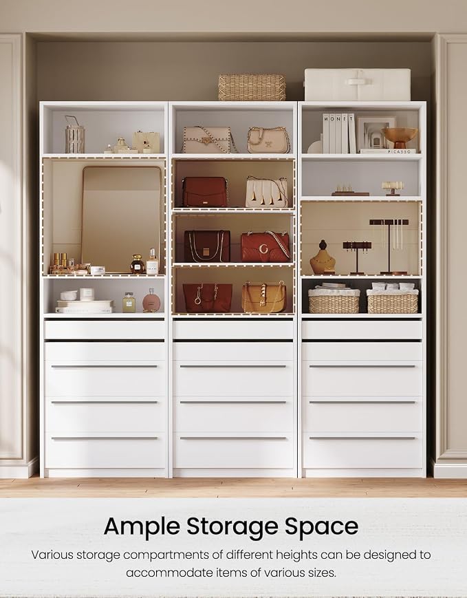 Modular Closet System, Closet Organizer System with 4 Shelves and 5 Drawers, Walk-in Wardrobe Standing Closet System, White