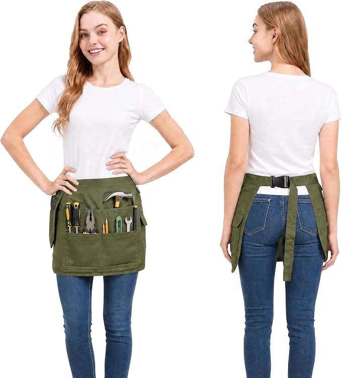 Molaxhome Waist Tool Apron with Multi-Pocket Adjustable Belt for Gardening | Adjustable Long Belt,Waitress Server Aprons,Tool Belt,Hairdressers,Work Apron