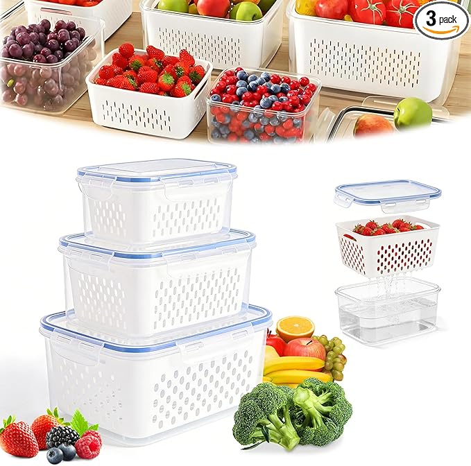 3PC 4 in 1 Food Storage Containers for Fridge with Lid,Produce Keeper with Removable Colander & Drain Basket,Airtight Leakproof Fruit Vegetable Storage Containers Transparent Kitchen Organize(S+M+L)