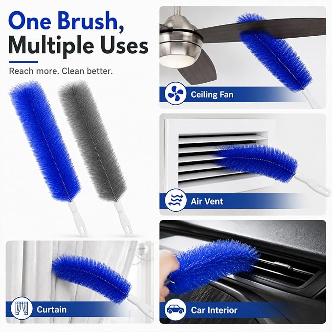 Cartorya Cleaning Brush, Bendable Microfiber Fan Duster for Ceiling Fan Blades, Air Vents, Window Ac, Curtains and Car Interior, Reusable Tool，Two Gray