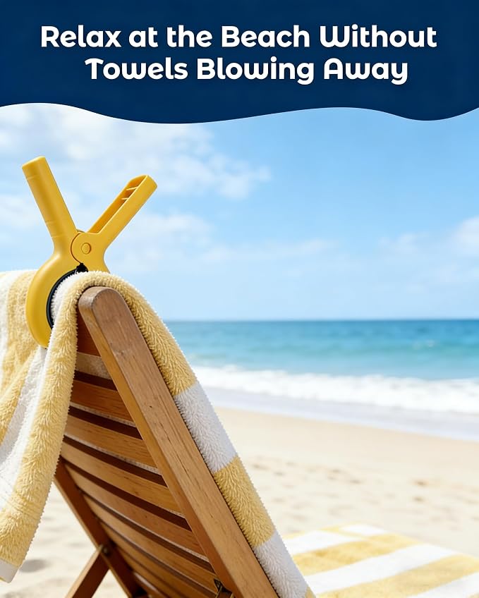 10 Pack Beach Towel Clips Heavy Duty Large Beach Essentials Chair Pool Clip | Yellow Clips with Strong Grip, Silicone Protection, Rust Resistant Spring, Multi-Use for Beach, Boat, Cruise & Outdoors