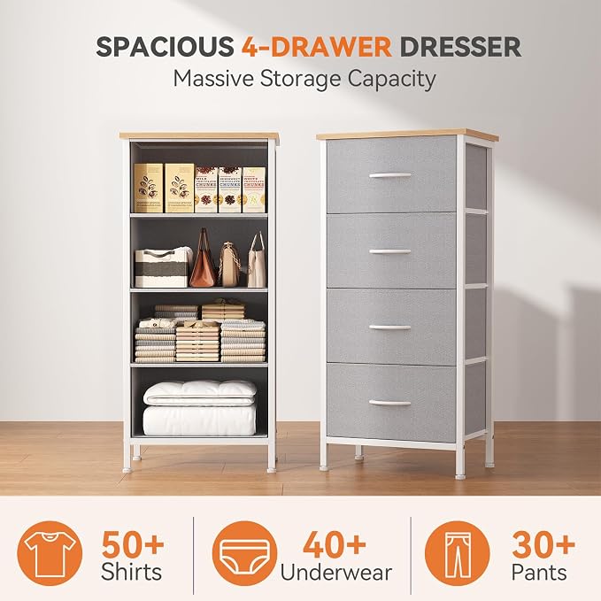 Sweetcrispy 4 Storage Drawer Dresser, Storage Cabinet, Clothes Organizer | Small Fabric Dresser for Closet, Chest of Drawers, Closet Organizer, Home Furniture, Sturdy Frame, Light Gray