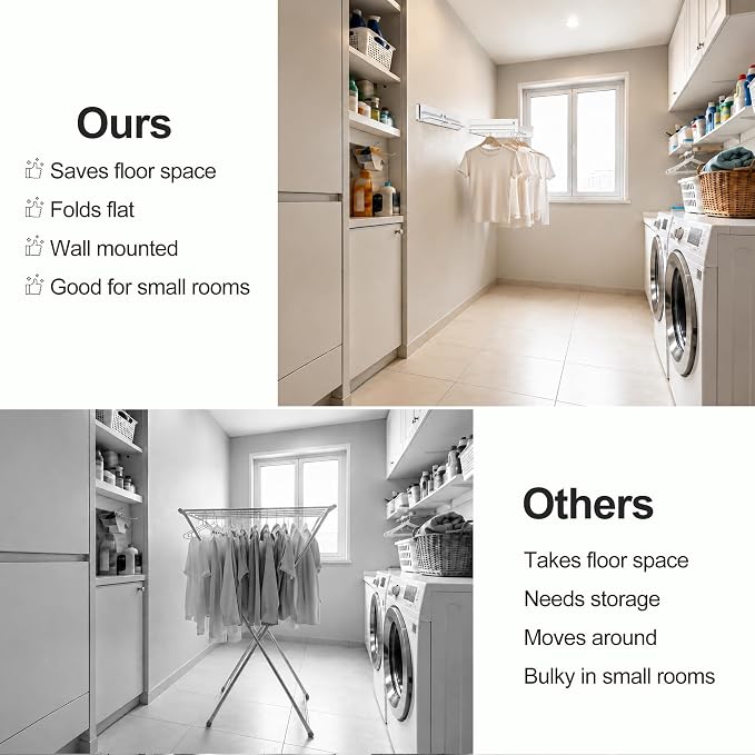 JOOM Wall Mounted Clothes Drying Rack,31.5 Inch Foldable Rack,White,Poles | 5 Aluminum Rods, 60 lb Capacity Collapsible Wall Mount Laundry Drying Rack for Laundry Room, Bathroom, Balcony
