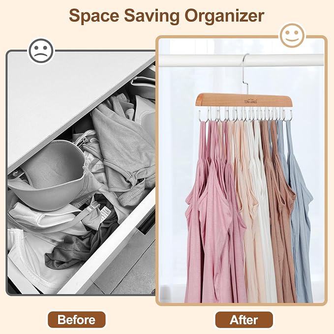 TOPIA HANGER Bra Hanger for Closet, Tank Top Hangers Space Saving Natural | 20 Foldable Hooks, 360°Rotating Hooks, Easy to Install, Durable Solid Wood, Space Saving Storage for Bras, Tank Tops, Belts