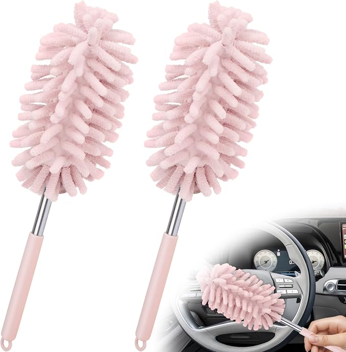 2 PCS Car Interior Duster with Extension Pole, Dusters for Cleaning | Microfiber Car Dusters with Bendable Head, Duster Interior & Exterior Scratch Free for Vehicle, Offices, Window (Pink)