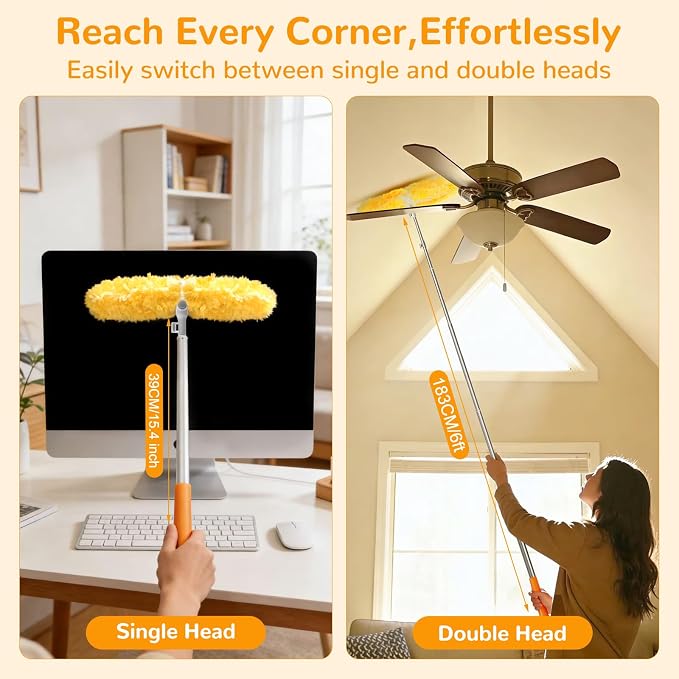 6 ft Long Handle Extendable Duster with 50 Refills for Swiffer Duster, Heavy Duty 360° Microfiber Dusting Kit for High Ceilings, Ceiling Fans, Tall Windows, and Hard-to-Reach Areas