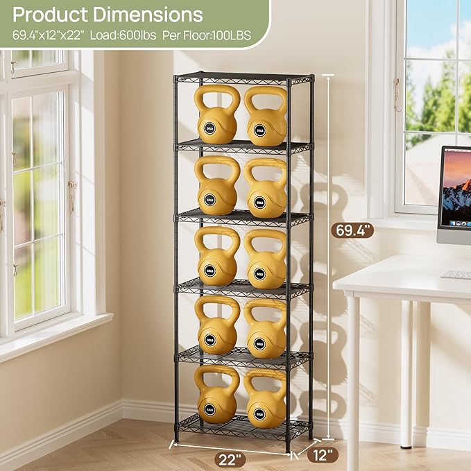 Golpart 6Tier Adjustable Storage Shelves Metal Wire Shelving Standing Shelf | Utility Heavy Duty Unit Rack Closet Organize for Home Kitchen Laundry Room Organization Pantry 12"Dx22"Wx69"H Black