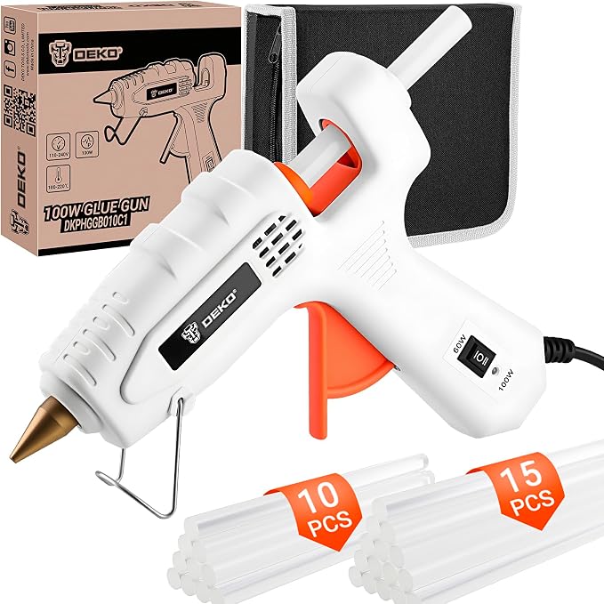 Hot Glue Gun Full Size: DEKOPRO 60/100Watt Dual Temp Hot Glue Gun Kit with 25 Glue Sticks, Organize Storage Case, Heavy Duty Heat Glue Gun Tool Set for Home Repair, Art & Crafts, DIY White