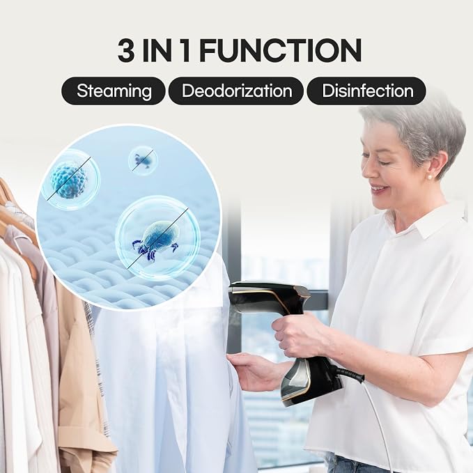 HubiCare Handheld Garment Steamer for Clothes - 1500W TurboSteam, 3 Steam Levels, 320ml Big Capacity, Strong Penetrating Steam, 20s Fast Heat-up, Steam Iron Fabric Wrinkle Remover (Black)