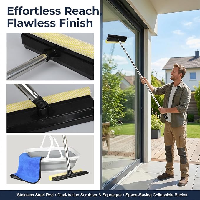 2 in 1 Car Window Squeegee and Collapsible Bucket Set,Long Handle,Gray