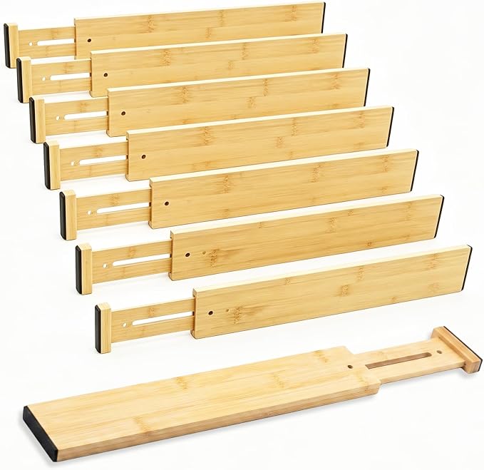 Joyeee Kitchen Drawer Dividers 8 Pack, 17-22" Adjustable Bamboo Drawer Organizer, 2.36" High Expandable Utensils Separators for Closet, Dresser, Bathroom, Bedroom