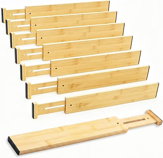 Joyeee Kitchen Drawer Dividers 8 Pack, 17-22" Adjustable Bamboo Drawer Organizer, 2.36" High Expandable Utensils Separators for Closet, Dresser, Bathroom, Bedroom