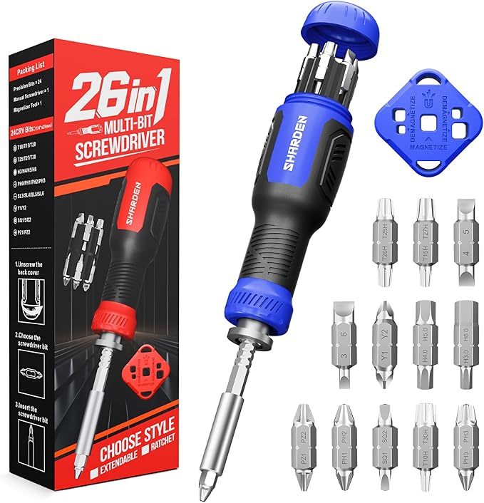 Multi ScrewDriver Set 26 in 1 All in One Adjustable Screw Driver | Telescoping Screw Driver with 12 Double Ended CRV Bits Phillips Slotted Torx Hex Portable Repair Kit for Home Bike Computer