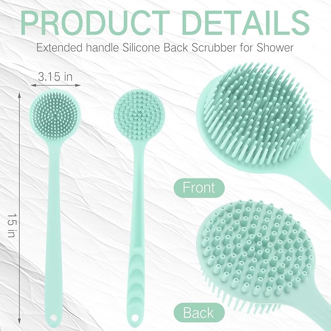 Sunnyray 2 Pack Silicone Back Scrubber for Shower with 15" Long Handle Double-Sided Bath Body Brush for Exfoliating Easy to Clean Quick Dry Deep Cleaning Lathers Well(Nordic Green)