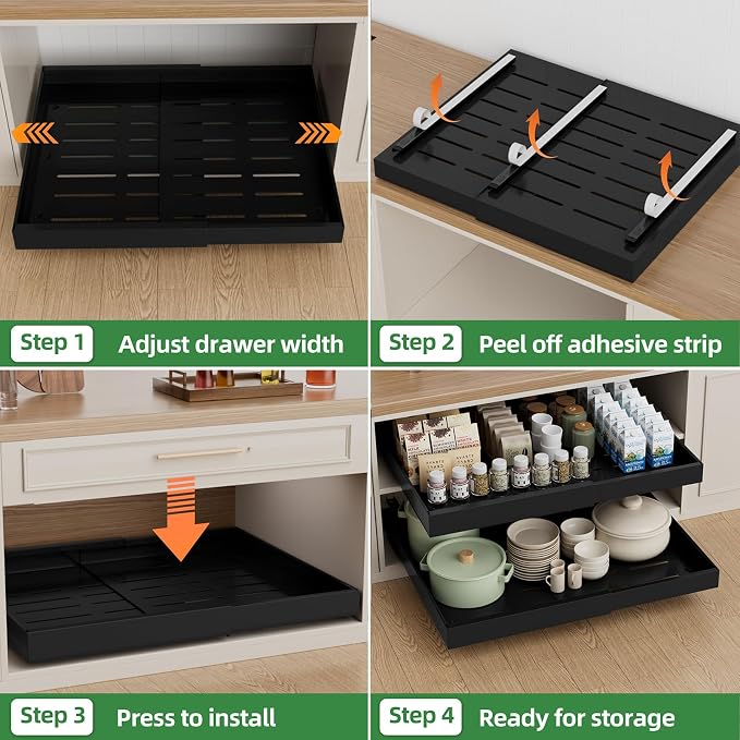PAKETA 4 Pack Expandable Pull Out Cabinet Organizer,21" Deep | Pull Out Drawers for Cabinets with width from 15" to 26",Sliding Drawers for Cabinets with Upgrade 3 Slide Rails,hold 65 lbs