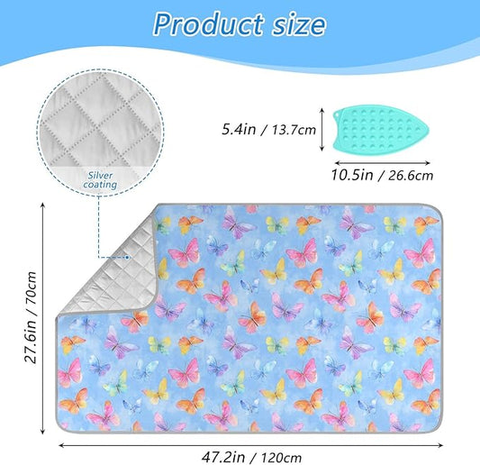 Ironing Mat Portable Ironing Pad Blanket with Silicone Iron Rest for Table Top Travel Heat Resistant Double-Side Using Large 47x28 Inch Foldable Colorful Watercolor Butterflies