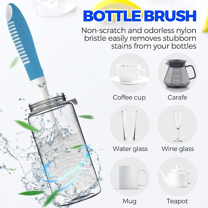 Holikme 6 Pack Dish Brush Set with Bottle Brush, Dish Scrub Brush, Pan Brush and 3 Straw Brushes, Deep Cleaning Handle Brush with Scraper Tip for Kitchen Sink Dishes Bottle Cup Pot and Pans (Azul)