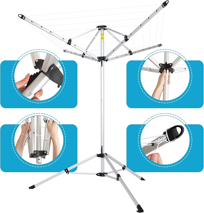 JS HANGER Drying Natural Clothes Airer Outdoor Portable 4-arm Aluminum Drying Rack w/Ground Stake, Carry Bag, 28-Lines with 65 ft. Umbrella Clothesline
