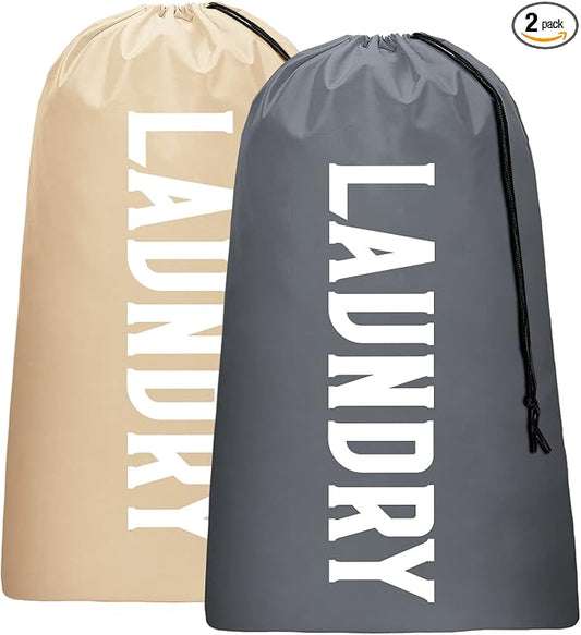 2 Pack XL Travel Laundry Bag, Machine Washable Dirty Clothes Organizer, Large Enough to Hold 4 Loads of Laundry, Easy Fit a Laundry Hamper or Basket (Khaki + Grey)