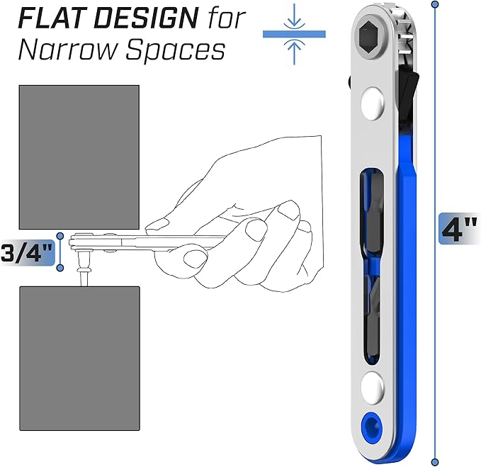 Bates- Mini Ratchet Wrench, 1/4" Magnetic 90 Degree Screwdriver, Blue, Low Profile Right Angle Screwdriver for Tight Spaces