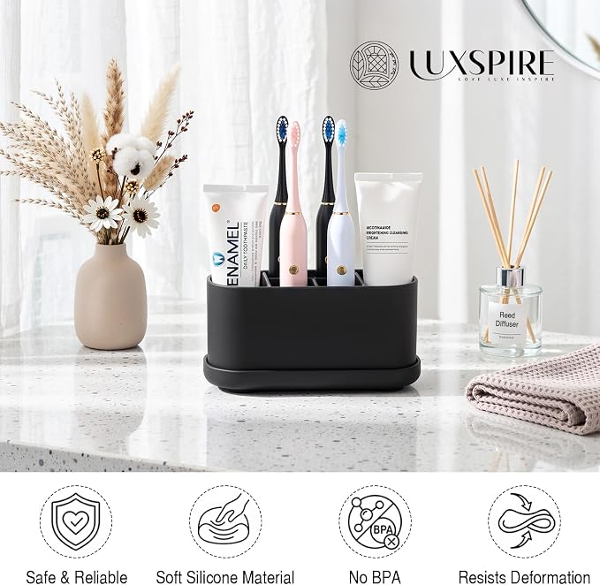 Luxspire Toothbrush Holders for Bathrooms, Silicone, 5 Slots, Black | Toothbrush Organizer with Suction Cup Tray, Toothbrush Holder with Drainage for Bathroom Countertop