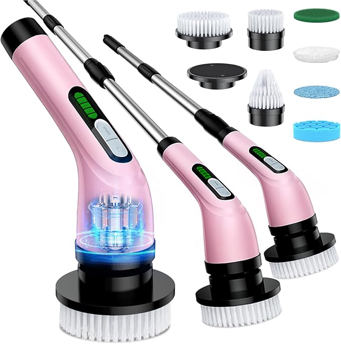 Electric Spin Scrubber, 2-Speed Cleaning Brush, Extendable Handle (Pink) | Includes 7 reusable brush heads and an IPX7-rated design for cleaning bathrooms, showers, kitchens, tile, floors, and grout