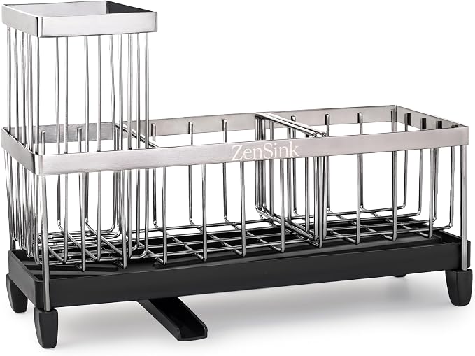ZenSink Sponge Holder for Kitchen Sink, Kitchen Sink Caddy Organizer with Drain Tray, High Brush Holder, Rustproof 304 Stainless Steel Kitchen Counter Organizer