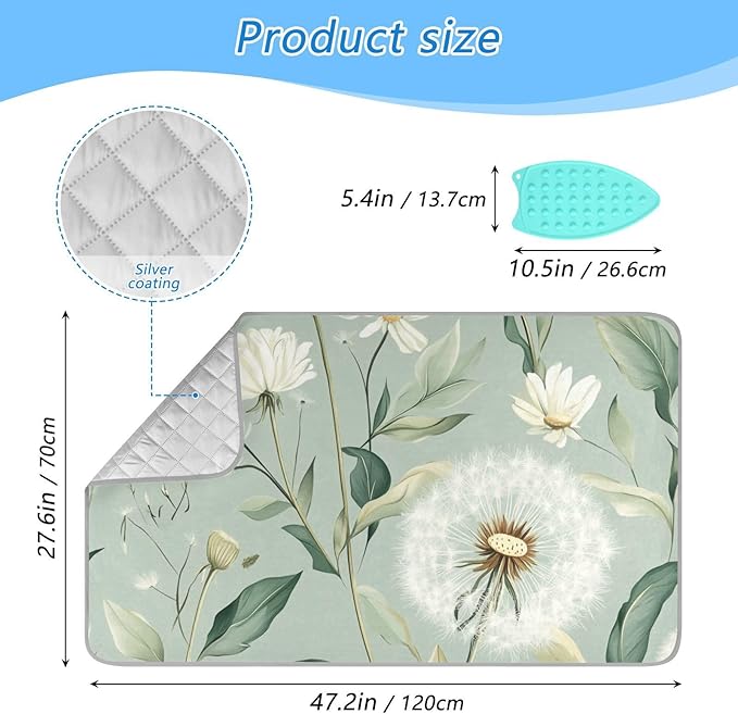 Sage Green Dandelions Ironing Mat Portable Ironing Pad Blanket with Silicone Iron Rest for Table Top Travel Heat Resistant Double-Side Using Large 47x28 Inch Foldable