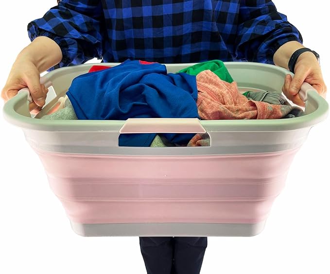 SAMMART 30L (8 gallon) Collapsible Plastic Laundry Basket-Foldable Pop Up Storage Container/Organizer-Portable Washing Tub-Space Saving Hamper/Basket (1, Grey/Pale Pink)